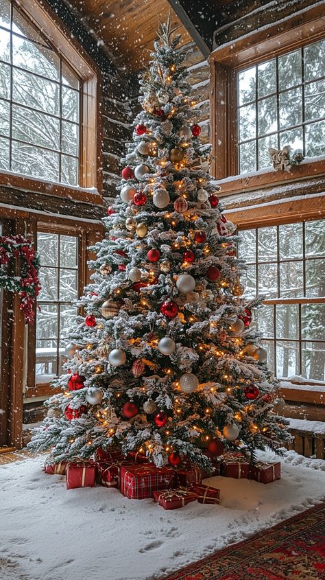 🎄✨ Embrace the magic of a snowy cabin Christmas with this stunning tree adorned in red and gold baubles, twinkling lights, and a blanket of snow. The cozy wooden interior and snowflakes outside create a perfect winter wonderland. 🎁❄️⁠ #Christmas #cozy #winter #decor #holiday #snow #tree #rustic #cabin #festive #magic #red #gold #inspiration #presents #holidaydecor ❄️🎅 Snowy Christmas Tree Red And Gold, Winter Aesthetic Christmas Tree, December Aesthetic Christmas, Mountain Christmas Aesthetic, Red Aesthetic Christmas Tree, Dream Christmas Tree, Christmas In A Cabin, Cozy Christmas Vibes, Christmas Magic Aesthetic