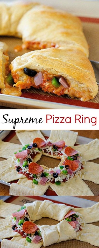 Supreme Pizza Crescent Ring ~ The best way to eat pizza is wrapped in a flaky ring of crescents. Sandwich Rings, Refrigerator Dough, Pizza Supreme, Crescent Pizza, Crescent Rings, Crescent Ring Recipes, Crescent Roll Recipes Dinner, Ham Pineapple, Pizza Ring