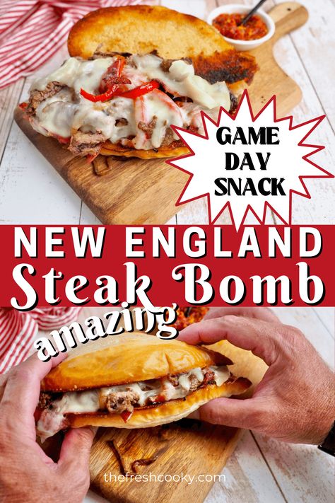 This New England Steak Bomb recipe comes to you from The Fresh Cooky. Shaved steak, caramelized peppers, onions and mushrooms, with salami and hot pepper relish or "hots". A classic hot sub sandwich perfect for game day, tailgating and easy weeknight dinner. Get the recipe via @thefreshcooky #gamedaysnack #steakbomb #steaksandwich Shaved Steak Sandwich, Steak Bomb, Hot Pepper Relish, Shaved Steak, Sub Sandwich, Pepper Relish, Recipes Sandwiches, Loaded Nachos, Bombe Recipe