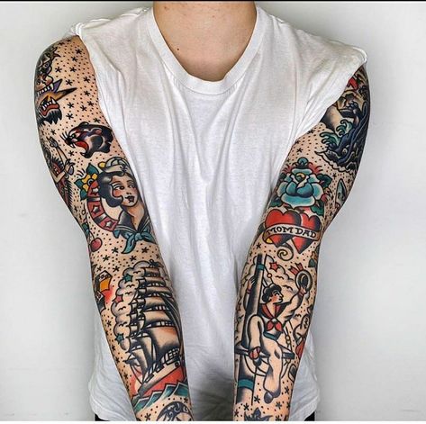 Traditional Tattoos Arm, Traditional Tattoo Sleeve Filler, Traditional Tattoo Arm, Mangas Tattoo, Tattoo Sleeve Filler, Neo Tattoo, Traditional Tattoo Inspiration, Traditional Style Tattoo, Tattoos Arm