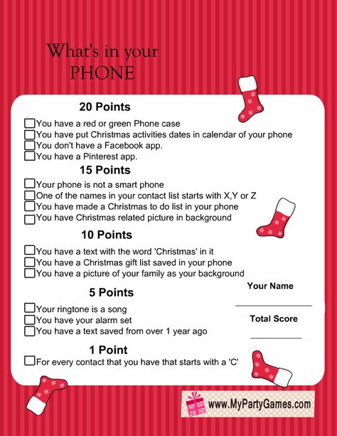 Free Printable What's in Your Phone Christmas Game Xmas Games, Work Christmas Party, Printable Christmas Games, Holiday Party Games, Office Christmas Party, Family Christmas Party, Christmas Game, Holiday Games, Free Christmas Printables