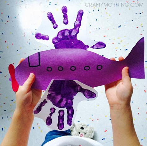 handprint airplane craft Infant Transportation Crafts, Handprint Airplane, Transportation Week Preschool, Air Plane Crafts For Kids, Toddler Transportation Activities, Plane Crafts For Kids, Air Transportation Preschool Activities, Transportation Activities For Toddlers, Airplane Crafts For Kids