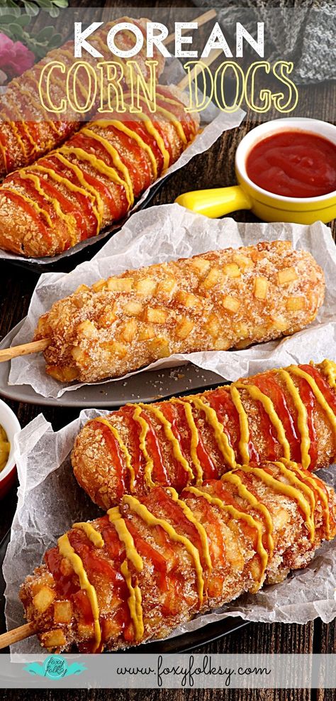 Korean Corn Dog - Foxy Folksy Korean Corn Dog Recipe, Corn Dog Recipe, Korean Corn Dog, Korean Corn, Foxy Folksy, Corndog Recipe, Ketchup And Mustard, Korean Street Food Recipes, Corn Dog