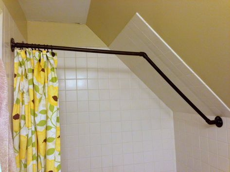 Sloped ceiling ideas Sloped Ceiling Bathroom, Attic Shower, Small Attic Bathroom, Diy Shower Curtain, Ceiling Curtains, Slanted Ceiling, Shower Curtain Rod, Attic Bathroom, Attic Spaces