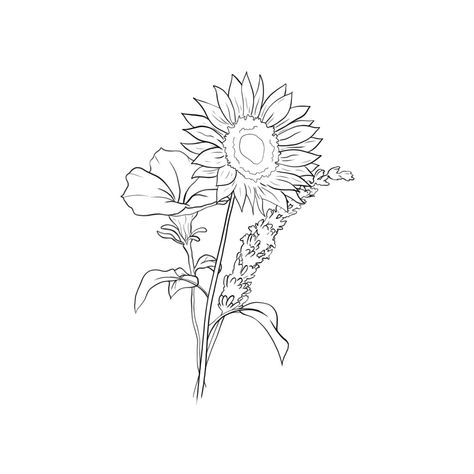 Orchid Sunflower Tattoo, Sunflower And Lavender Drawing, Sunflower Bundle Tattoo, Sunflower Lilac Tattoo, Sunflower And Lilac Tattoo, Orchid And Sunflower Tattoo, Sunflower Bunch Tattoo, Sunflower Lavender Tattoo, Sunflower And Lavender Tattoo