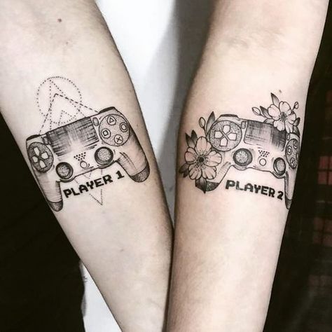 Player 1, Player 2, matching couple tattoos of controllers on the arm | www.otziapp.com Playstation Tattoo, Partner Tattoos, Video Game Tattoos, Best Couple Tattoos, 16 Tattoo, Gamer Tattoos, Small Couple Tattoos, Cute Couple Tattoos, Couple Matching Tattoo