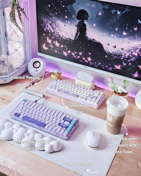 Pretty in purple 🎐 I think I need to find me a white or lilac gaming chair 🤔 any recommendations? 🪻 desk setup | room | setup style | minimalist | pc setup | gamer girl | brown desk | purple #cozysetup #fyp #cutesetup #deskspace #deskaesthetic #deskinspo #desksetups #deskgoals #workdesk #deskgram #deskview #gamingsetup #setupinspiration #pcsetup #dreamsetup #setupgoals #cozygaming #purple #aesthetic #hytey70 Lilac Desk Setup, Carissa Aesthetic, Purple And Brown Bedroom, Minimalist Pc Setup, Setup Gamer Girl, Purple Setup, Couple Office, Home Yoga Room, Purple Desk