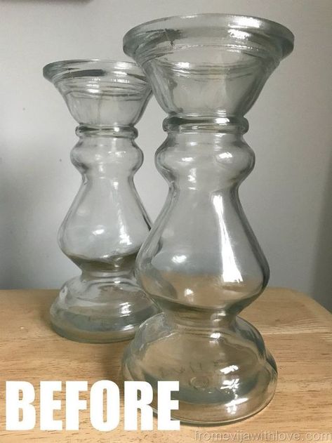 Spray Paint Glass Candle Holders, Spray Paint Candle Holders, Diy Mercury Glass Vase, Mirror Effect Spray Paint, Table Leg Candle Holder, Mercury Glass Candlesticks, Paint Hacks, Painted Glass Candle Holders, Mercury Glass Diy