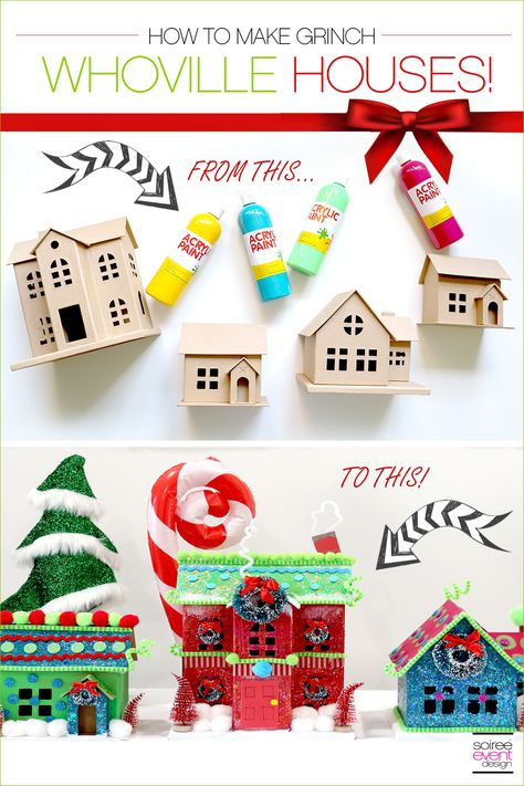 Merry Grinchmas! Check out these easy and affordable Grinch Party Ideas including DIY Whoville Houses, Grinch printables and more! Diy Whoville, Whoville Houses, Grinch Party Ideas, Whoville Christmas Decorations, Grinch Village, Cut Snowflakes, Snowflakes Christmas Tree, Grinch Stuff, Grinch Crafts