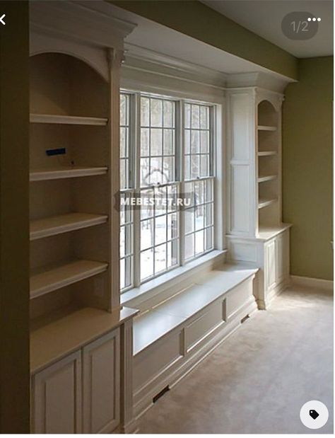 Bookshelves Around Window, Window Seat Ideas, Window Seat Design, Window Bench, Built In Shelves Living Room, Living Room Built Ins, Built In Cabinet, Home Library Design, Basement Design Ideas