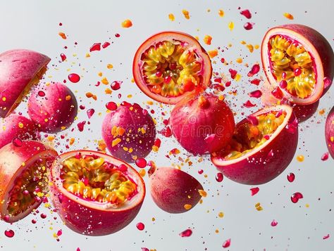 Photography of PASSIONFRUIT falling from the sky, hyperpop colour scheme. glossy, white background Passion fruit royalty free stock photo Falling Skies, Falling From The Sky, Passion Fruit, Colour Scheme, Vector Pattern, Glossy White, The Sky, Color Schemes, White Background