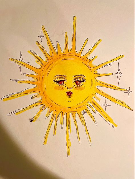 The Sun Aesthetic Drawing, Sun Face Drawing, Sun Drawing Aesthetic, Corner Sun Drawing, Sun Art Aesthetic, Sun Drawings, Sun Sketch, Sun Drawing With Face, Sun Face Tattoo