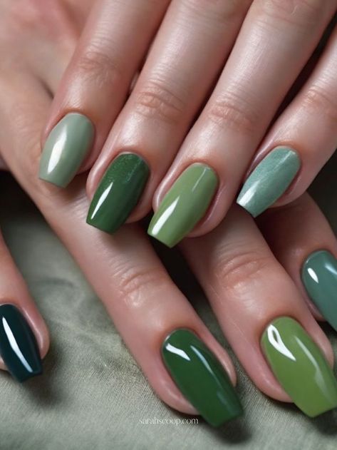 Different Shade Of Green Nails, Different Color Green Nails, Shades Of Green Nails, Green Gradient Nails, Colors For Cool Skin Tones, Green And Purple Nails, Best Nail Polish Colors, Best Nail Colors, Fun Nail Colors