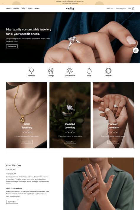 Cartify is the ultimate WooCommerce Gutenberg WordPress theme for online stores. With its modern design and intuitive user interface, it's never been easier to create a stunning online store. This theme offers a variety of customization options, including a drag-and-drop page builder and customizable widgets, to help you create the perfect online storefront. It also comes with a variety of pre-designed templates and layouts, making it easy to get started. Jewellery Website Design, Layout Product, Jewelry Banner, Jewelry Website Design, Graphic Designer Studio, Jewellery Website, Jewelry Packaging Design, Luxury Jewelry Store, Luxury Website