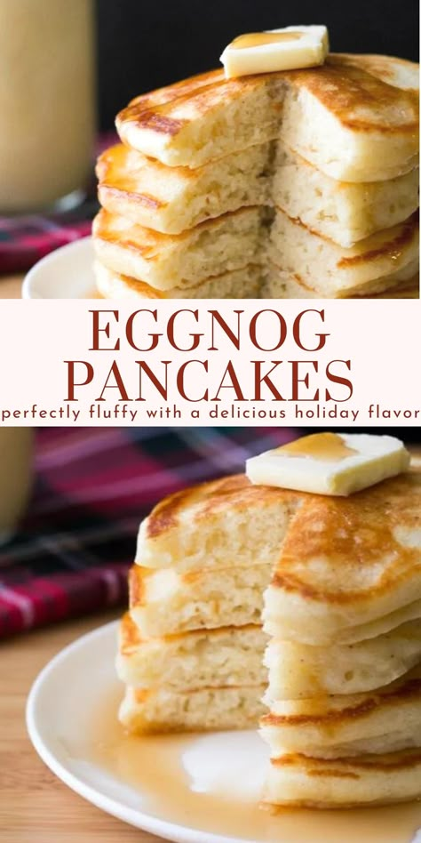 Homemade Vanilla Syrup, Eggnog Pancakes, Syrup Pancakes, Vanilla Pancakes, Eggnog Recipe, Egg Nog, Vanilla Syrup, Holiday Breakfast, Fluffy Pancakes