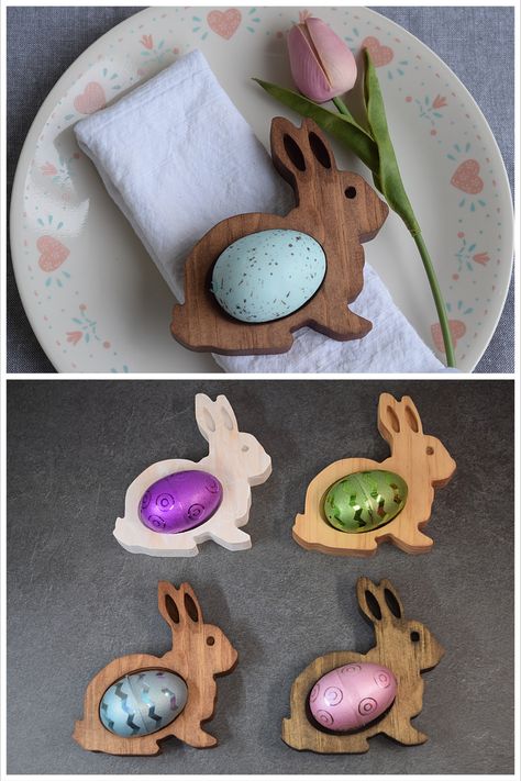 Elevate your Easter decor with this charming rustic egg holder! Made from premium pine, this Easter bunny shaped Easter egg display is the perfect addition to your farmhouse decor. Use it to beautifully display your Easter eggs on your table or mantel. A unique and timeless piece that will be enjoyed for years to come. Egg Holder Wood, Wood Easter Bunny, Shaving Cream Easter Eggs, Modern Easter Decor, Table Decor Easter, Wooden Easter Decorations, Egg Display, Easter Egg Holder, Rustic Easter