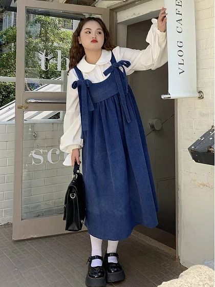 Plus Size Clay Blue Ocean Round Neckline Corduroy Overall Dress Korean Cute Dress Outfit, Overall Dress Hijab, Overall Dress Plus Size, Plus Size Korean Outfits, Blue Overall Dress, Overall Dress Outfit, Korean Plus Size Fashion, Overalls Dress, Modest Dresses Fashion