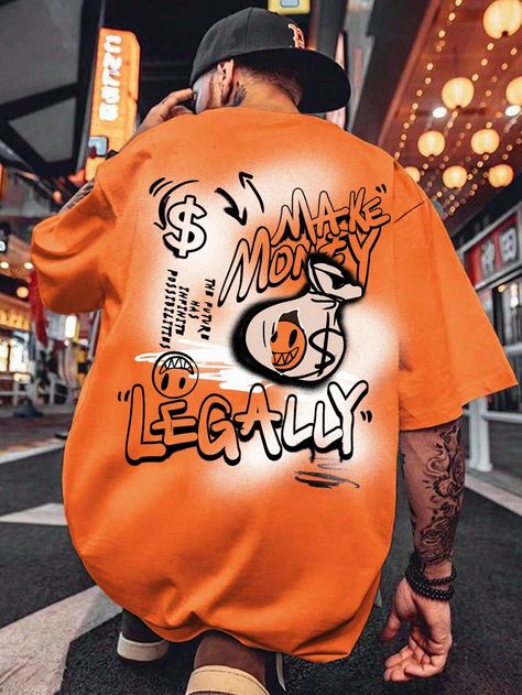 Orange Casual Collar Short Sleeve Knitted Fabric Cartoon,Slogan  Embellished Medium Stretch  Men Clothing Orange Tshirt Design Ideas, Funny Packaging, Men's Tshirt Design, Streetwear Tshirt Design, Streetwear Fashion Men, Free T Shirt Design, Creative T Shirt Design, Tshirt Printing Design, Retro Streetwear