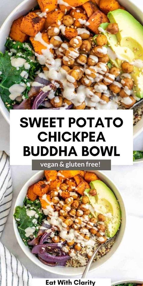 Chickpea Buddha Bowl, Chickpea Potato, Potato Bowls, Potato Chickpea, Sweet Potato Bowls, Buddha Bowls Recipe, Healthy Bowls Recipes, Lemon Tahini Dressing, Roasted Sweet Potato