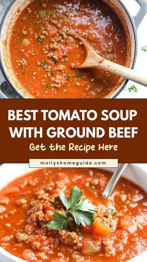 Indulge in the ultimate comfort food with this hearty tomato soup with ground beef recipe. The rich flavors of the tender beef and savory tomatoes come together perfectly in this delicious soup that will warm you up from the inside out. Whether you're looking for a cozy meal on a chilly evening or just craving some classic homemade goodness, this dish is sure to hit the spot. Easy to make and packed with wholesome ingredients, it's a family favorite that will have everyone coming back for more. Tomato Hamburger Soup, German Tomato Soup Recipe, Meatloaf Soup Recipe, Beef And Tomato Macaroni Soup, Tomato Beef Soup, Meatloaf Soup, Beef Tomato Soup, Ground Beef Soup Recipes, Hearty Tomato Soup