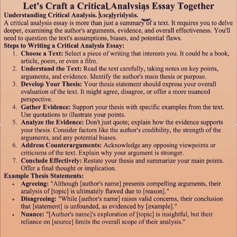 Let's Craft a Critical Analysis' Essay Together #research #criticalanalysis #dissertation #academictiktok #academia #academicwriting #literaturereview #criticalthinking Analysis Essay, Critical Analysis, Essay Writing Tips, Academic Writing, Essay Writing, Critical Thinking, Writing Tips, Texts, Literature