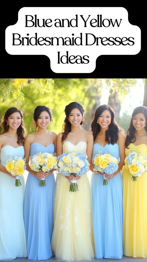 Summary of the benefits of choosing blue and yellow bridesmaid dresses, highlighting their unique styles and joyful aesthetic for wedding celebrations. Blue And Yellow Bridesmaids, Blue And Yellow Bridesmaid Dresses, Yellow Bridesmaid Dresses Mismatched, Bridal Party Looks, Blue And Yellow Wedding, Blue Yellow Weddings, Yellow Bridesmaid, Vibrant Dress, Yellow Bridesmaid Dresses