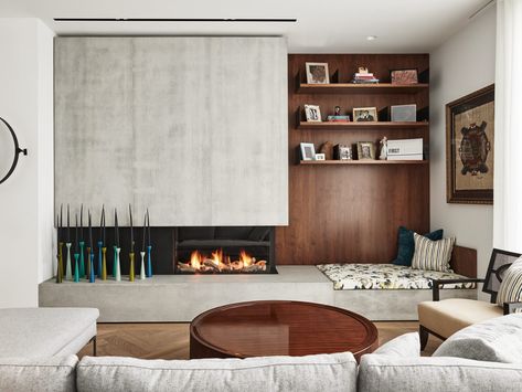 Fireplace vibes Linear Fireplace Wall, Concrete Fireplace Surround, Concrete Wall Panels, Industrial Chic Design, Wooden Fireplace, Linear Fireplace, Concrete Fireplace, Custom Fireplace, Fireplace Surround