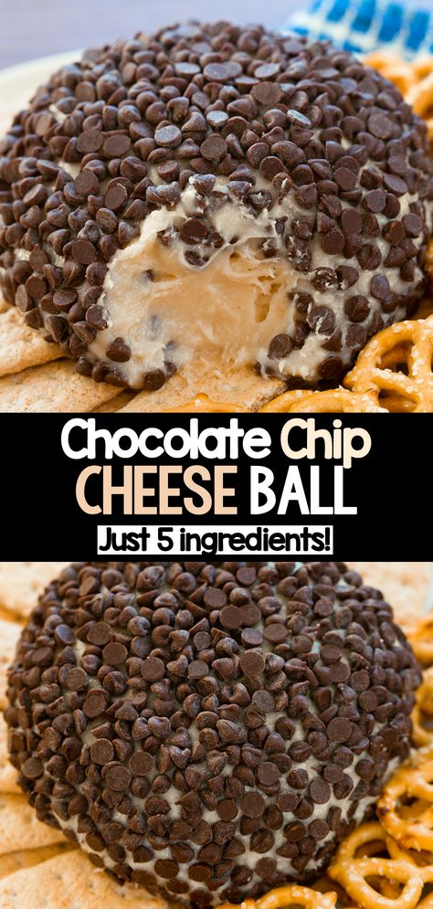 Chocolate Chip Cheese Ball - Easy Party Snack Recipe Oreo Cheese Ball, Chocolate Chip Cheese All, Chocolate Chip Cheese Ball Recipe, Chocolate Chip Cheeseball Dip, Dessert Cheeseball Recipes, Chocolate Chip Cheeseball, Cheese Ball Recipe, Chocolate Chip Cheese Ball, Chocolate Chip Cream Cheese Ball