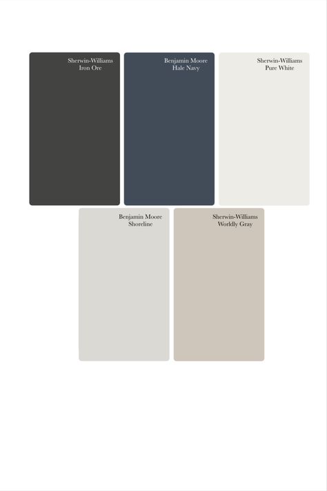 Colour Scheme Palette Benjamin Moore & Sherwin Williams Worldy gray, Iron Ore, Hale Navy, Shoreline, Pure White : By BODEK Painting and Plastering #Benjaminmoore #sherwinwilliams #colourpalette #colourschemes #purewhite #ironore #shoreline #worldlygray #halenavy Navy Paint Palette Colour Schemes, Navy Interior Color Palette, Navy And Gray Color Scheme, Hale Navy And Black, Navy And Gray Paint Palette, White And Navy Color Palette, Gray White Navy House Exterior, Navy Color Scheme Living Room, Navy Paint Color Schemes