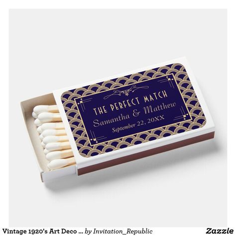 Vintage 1920's Art Deco Gatsby Wedding Matchboxes Antique Wedding Favors, Gatsby Wedding Favors, 20s Wedding Theme, Art Deco Wedding Favors, Roaring Twenties Wedding, 1920 Wedding, Wedding Match Boxes, 1920s Wedding Theme, Navy Blue And Gold Wedding