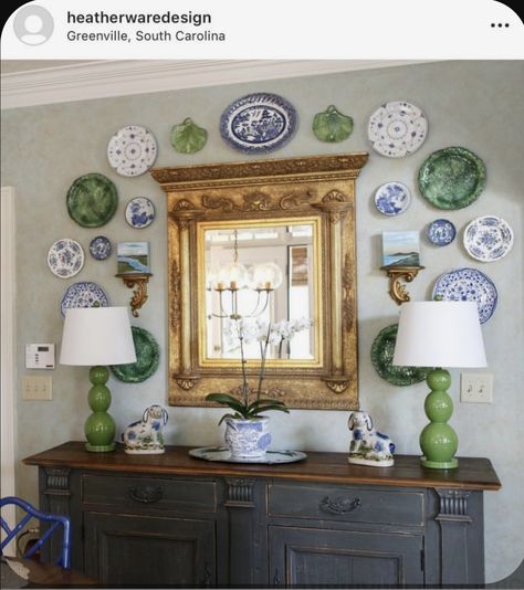 Plate Racks Wall Display Dining Rooms, Chinoiserie Plate Wall, Plates And Mirror On Wall, Dining Room Plates On Wall, Plates Displayed On Wall, Antique Buffet Decorating Ideas, Plate And Art Wall, Green Plates On Wall, Plates On Dining Room Wall