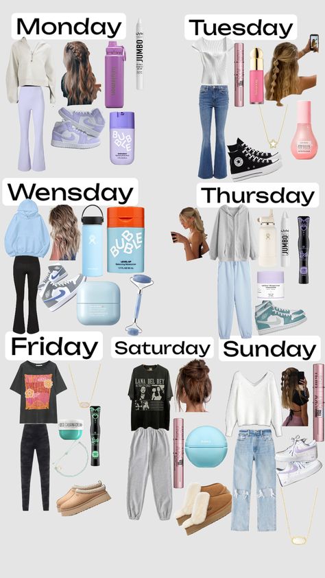 Outfits of the week! #beauty Days Of The Week Outfits School, Outfits Of The Week Summer, Weekly Outfit Planner For School, Outfits For Everyday Of The Week, Outfits For Days Of The Week, Day Of The Week Outfits, Weekly Outfits For School, Teen Preppy Outfits, Week Of Outfits For School