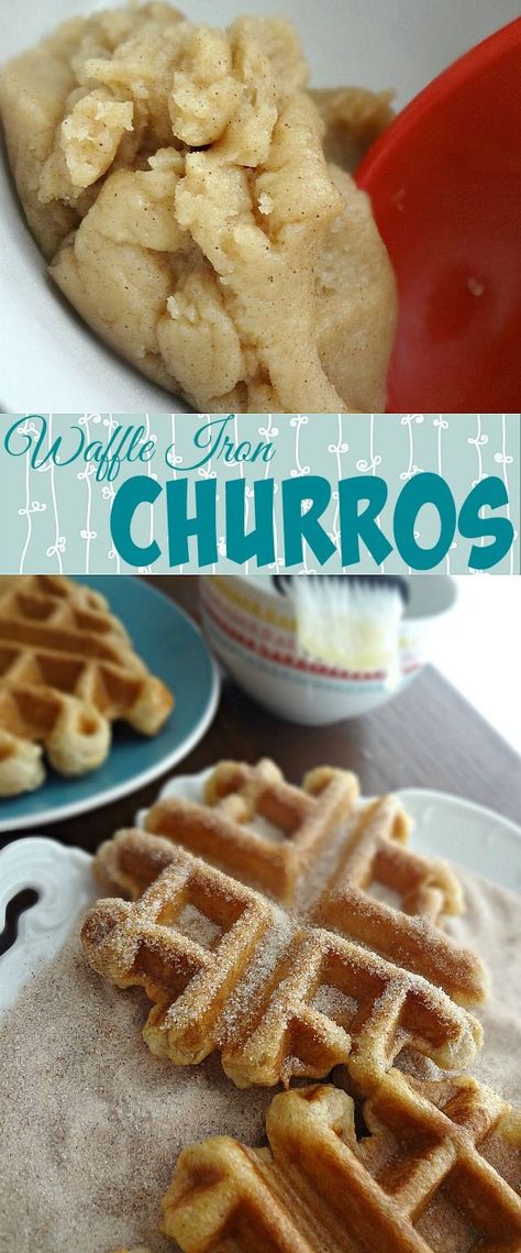 Waffle Iron Churros Pumpkin Waffle Iron Cookies, Cooking With A Waffle Maker, Sauce For Churros, Biscuit In Waffle Maker, Churro Waffles Easy, Brunch Ideas For Kids, Cookie In Waffle Maker, Chocolate Sauce For Churros, Cookie Dough Waffle Maker