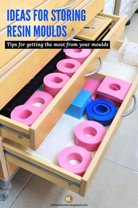 Craft storage is always challenging and resin craft is no different. Once you get a collection of resin moulds, storing them starts to become an issue. Get ideas for storing your moulds, and also tips for protecting them so that they don't get damaged. Lots of other great infor about silicone moulds and plastic moulds in this article. #MillLaneStudio #resinmolds #howtostoremolds #craftstorage #resincrafts Resin Organization Ideas, Silicone Mold Organization, Resin Craft Room Ideas, How To Store Resin Molds, Resin Craft Storage Ideas, Resin Craft Room Organization, Resin Craft Organization, Silicone Mold Storage Ideas, How To Store Silicone Molds