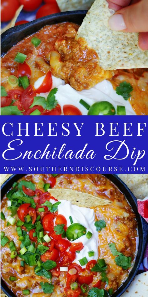 With Cheesy Beef Enchilada Dip, everything you love about your favorite plate of beef enchiladas becomes an addictive melty, cheesy dip just begging to be the next appetizer or snack at your next party, game day, cookout or family hang out! Beef Enchilada Dip, Southern Discourse, Enchilada Dip, Cheesy Enchiladas, Beef Enchilada, Southern Cooking Recipes, Cheesy Dip, Louisiana Recipes, Best Appetizer Recipes