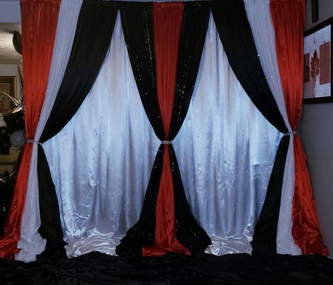 Red And Black Backdrop Ideas, Red Black And White Backdrop Ideas, Red White And Silver Backdrop, Red Black And White Event Decor, Red Curtain Backdrop, Red Black Gold Curtain Backdrop, Christmas Stage Decorations, Draping Ideas, Gold Drapes