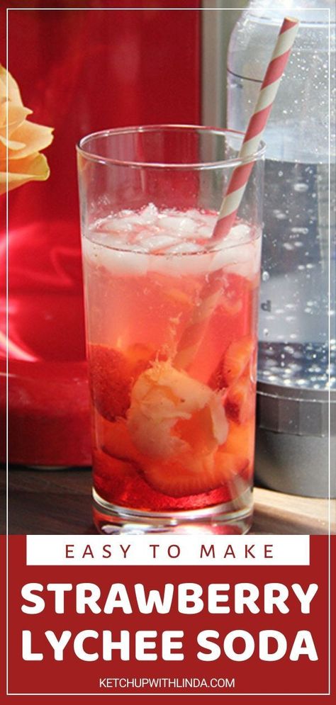 Celebrate with this Strawberry Lychee Soda! This recipe is incredibly easy to make for a party. Simply combine strawberry, lychee, strawberry syrup, and sparkling beverage for the perfect fizzy non-alcoholic drink a crowd will enjoy! Pin this for later! Lychee Recipes, Lychee Soda, Cold Drinks Recipes, Soda Drink, Easy Cocktail, Refreshing Summer Drinks, Easy Drink Recipes, Delicious Drink Recipes, Strawberry Syrup