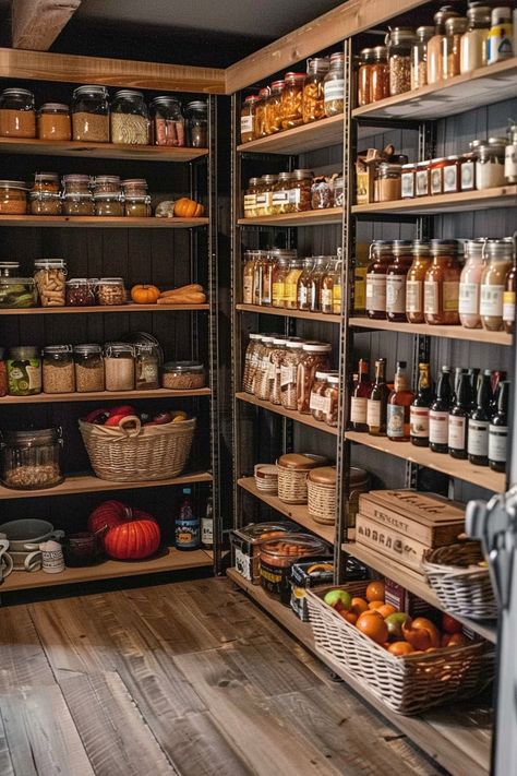 Organize in Style: Farmhouse Kitchen Pantry Ideas - Quiet Minimal Canning Pantry Aesthetic, Pantry Rustic Ideas, Industrial Pantry Ideas, Storage Room Pantry, Home Food Storage, Outdoor Pantry Ideas, Japanese Organization Ideas Small Spaces, Kitchen Rustic Farmhouse, Farmhouse Kitchen With Pantry