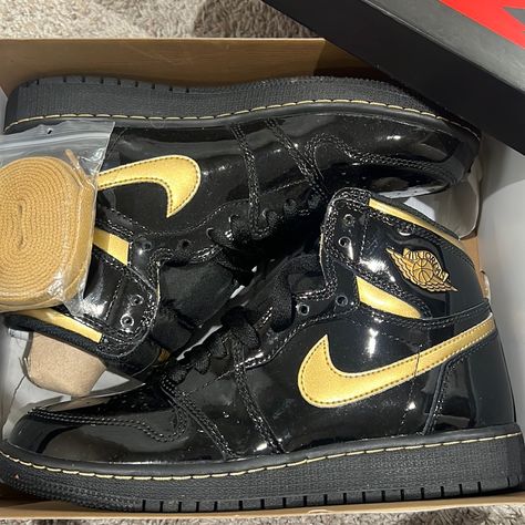 Parent Leather Jordan 1 In Black And Gold. Comes With Gold Laces (Unused). Sneakers In Perfect Condition. Worn Once Only. Black And Gold Jordans, Jordan 11 Red, Jordan 1 Mid Women, Jordan Retro 7, Jordan 4 Black, Jordan Retro 6, Jordan 9 Retro, Black Jordans, Jordan Retro 1