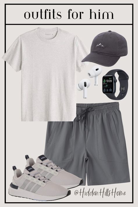 Causal mens athleisure outfit with an essential tee, athletic shorts, sneakers and a hat Running Errands Outfit Men, Men’s Gym Outfits Summer, Sports Style Outfits, Athleisure Outfits For Men, Men Sport Outfit Casual, Men Sport Style Outfits, Casual Athletic Outfits Men, Gym Clothes Aesthetic, Mens Athleisure Outfits