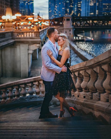 Nighttime engagement / city portraits / chicago riverwalk Chicago City Engagement Photos, Nighttime City Engagement Photos, Chicago Riverwalk Photography, Riverwalk Photoshoot, Chicago Portrait Photography, Engagement Photoshoot Chicago, Chicago Riverwalk Engagement Photos, Chicago Engagement Shoot, Engage Photoshoot