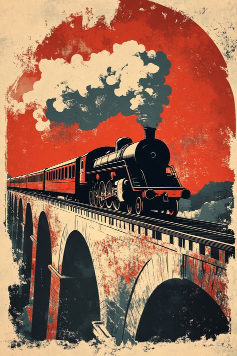 tourist poster in vintage minimalist style of soviet propaganda poster for Sortavala in white and red colors. retro style poster for movie. the poster depicts a retro train ruskeala express with a locomotive and carriages, which goes and lets off steam. the train goes on the aqueduct bridge --v 6.1 Tourist Poster, Train Illustration, Dramatic Sunset, Soviet Propaganda, Retro Style Posters, Train Posters, Propaganda Poster, Stone Bridge, Steam Train