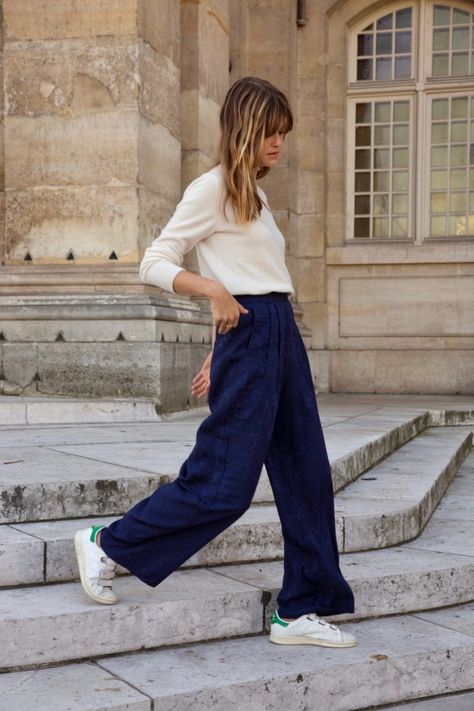 Navy Trousers Outfit Women, Blue Wide Leg Pants Outfit, Blue Linen Pants Outfit, Navy Blue Pants Outfit, Blue Trousers Outfit, Navy Linen Trousers, Navy Pants Outfit, Blue Linen Trousers, Wide Pants Outfit