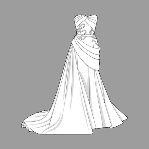 Vector satin drapped gown | Premium Vector #Freepik #vector #detail #flat #art #fashionable Gown Flat Sketch, Unique Dress Design, Fashion Draping, Gown Drawing, Draw Fashion, Flat Art, Flat Drawings, Flat Sketches, Fishtail Dress