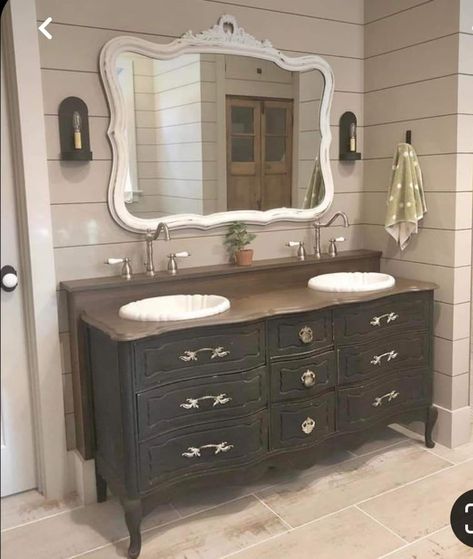 Dresser Sink Vanity, Dresser Sink, Attic Bathroom Ideas, Dresser Vanity Bathroom, Bathroom Vanity Double Sink, Clawfoot Tubs, Freestanding Tubs, New House Bathroom, Vintage Tub