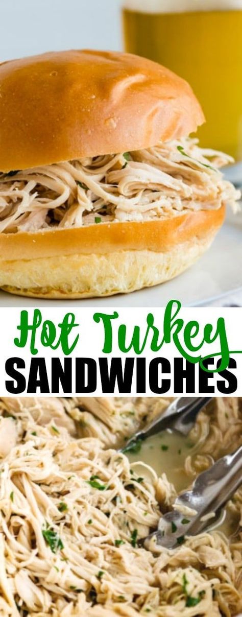 These slow cooker Hot Turkey Sandwiches start with a can of beer and end with a stick of butter. So great for your next party! Or serve the shredded turkey for a fuss-free, delicious holiday meal any time of year. #turkeysandwiches #dinner Shredded Turkey Sandwiches, Hot Turkey Sandwiches, Pulled Turkey Sandwiches, Turkey Sandwiches Recipes, Pulled Turkey, Can Of Beer, Shredded Turkey Recipes, Slow Cooker Turkey Breast, Shredded Turkey