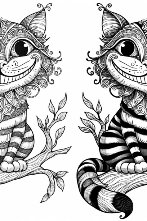 Bring your artistic touch to the whimsical world of the Cheshire Cat with this enchanting coloring page! Featuring two friendly cats perched on stylish branches, this delightful design showcases intricate patterns waiting for your favorite colors. Perfect for stress relief, creativity, or enjoying quality time with kids! Grab your coloring tools and let your imagination run wild in this magical experience as you breathe life into these adorable characters Tweedledee And Tweedledum, Quality Time With Kids, Fancy Top, Cat Coloring, Heart Coloring Pages, Cat Perch, Cat Coloring Page, Different Shades Of Green, Top Hats