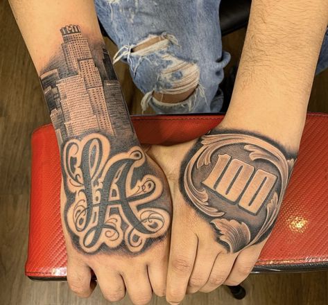 La Neck Tattoo, Hand Money Tattoo, 100 Bill Tattoo, Finger Tattoos Money Sign, Money Bag Hand Tattoo, Money Hand Tattoos For Guys, 100 Dollar Bill Tattoo Designs, Otf Tattoo Tat, Money Rose Hand Tattoo Men