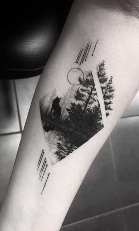 Gray-Scale Woodland Geometric Wolf Tattoo Ideas with Reflection Geometric Wolf Tattoo, Unique Tattoos For Men, Nature Tattoo Sleeve, Soul Tattoo, Geometric Wolf, Single Needle Tattoo, Wolf Tattoos, Up Tattoos, Wolf Tattoo