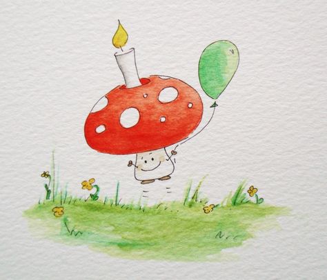 Birthday Mushroom Birthday Mushroom, Mushroom Birthday, Mushroom Illustration, Candle Drawing, Watercolor Birthday Cards, Watercolor Birthday, Diy Envelope, First Birthday Themes, Bday Cards